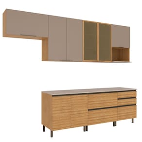 Miniatura Cozinha Completa Bartira Cristal 300cm com 8 Portas 5 Gavetas e Nicho Micro-ondas Lâmina Mel e Nude