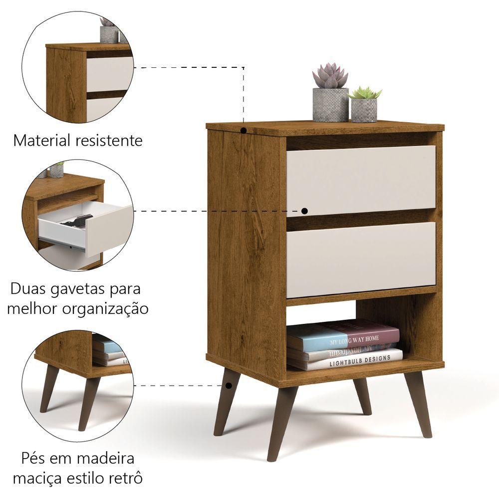Miniatura Mesa De Cabeceira Taurus 2 Gavetas 1 Nicho Pés De Madeira Retrô Freijó / Off White Ej Móveis Freijo Off White