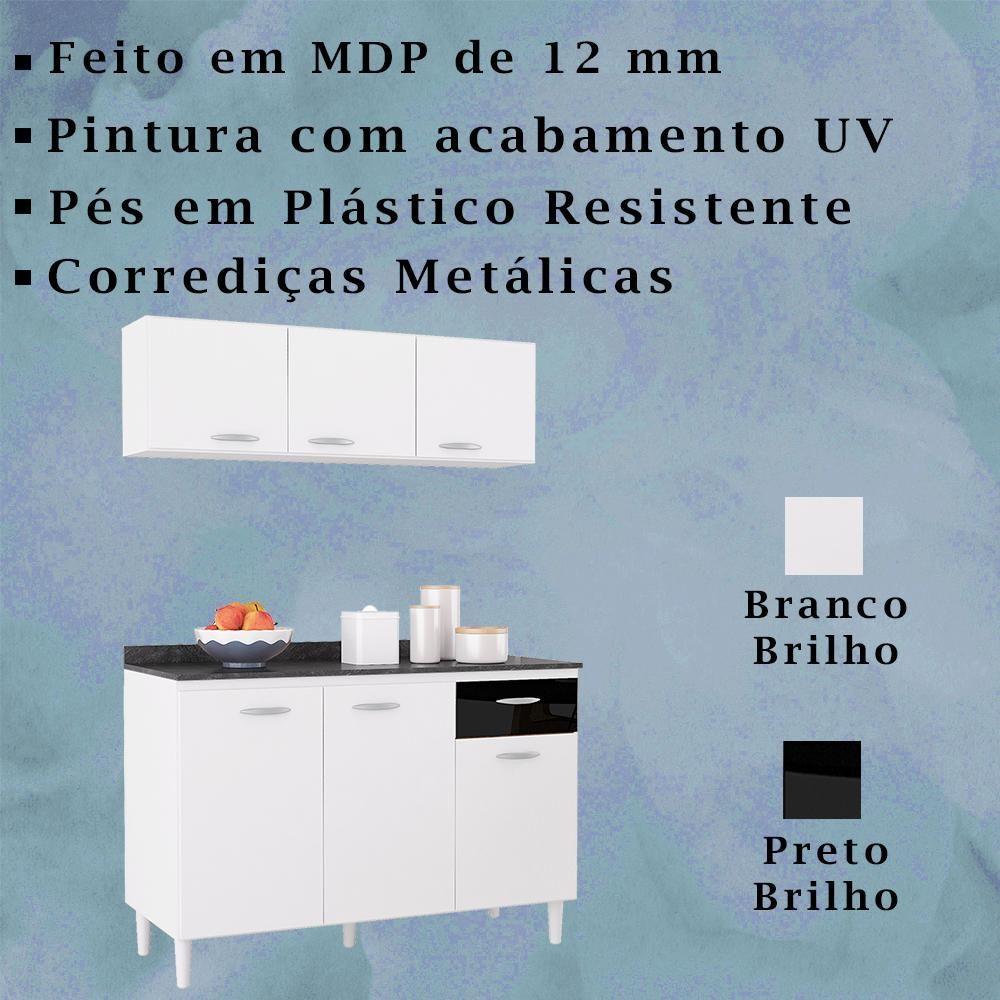 Armario Aereo 3 Portas E Balcao 120 Cm Branco Preto Poqq Branco Preto