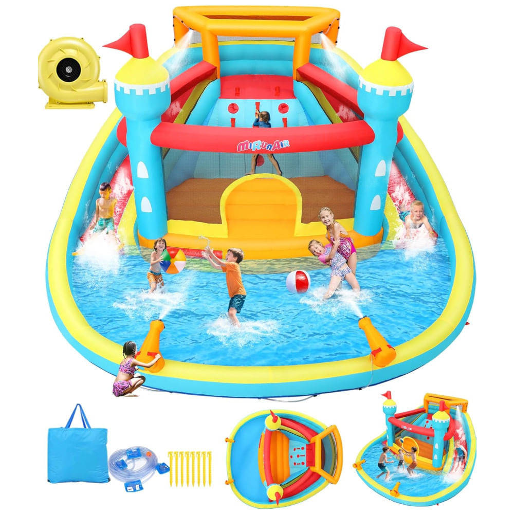 Miniatura Parque Aquático Inflável Whubefy de 4,3x4,2m para Crianças - Casa de Pula-Pula com Piscina, Escorregador e Área de Salto - Diversão no Quintal.