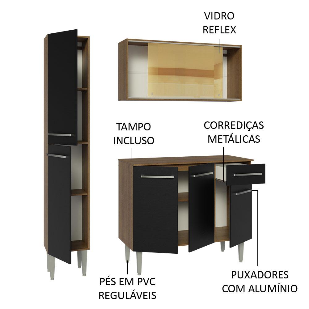 Armário de Cozinha Compacta 137cm Rustic/Preto Emilly Madesa 06 Rustic/Preto