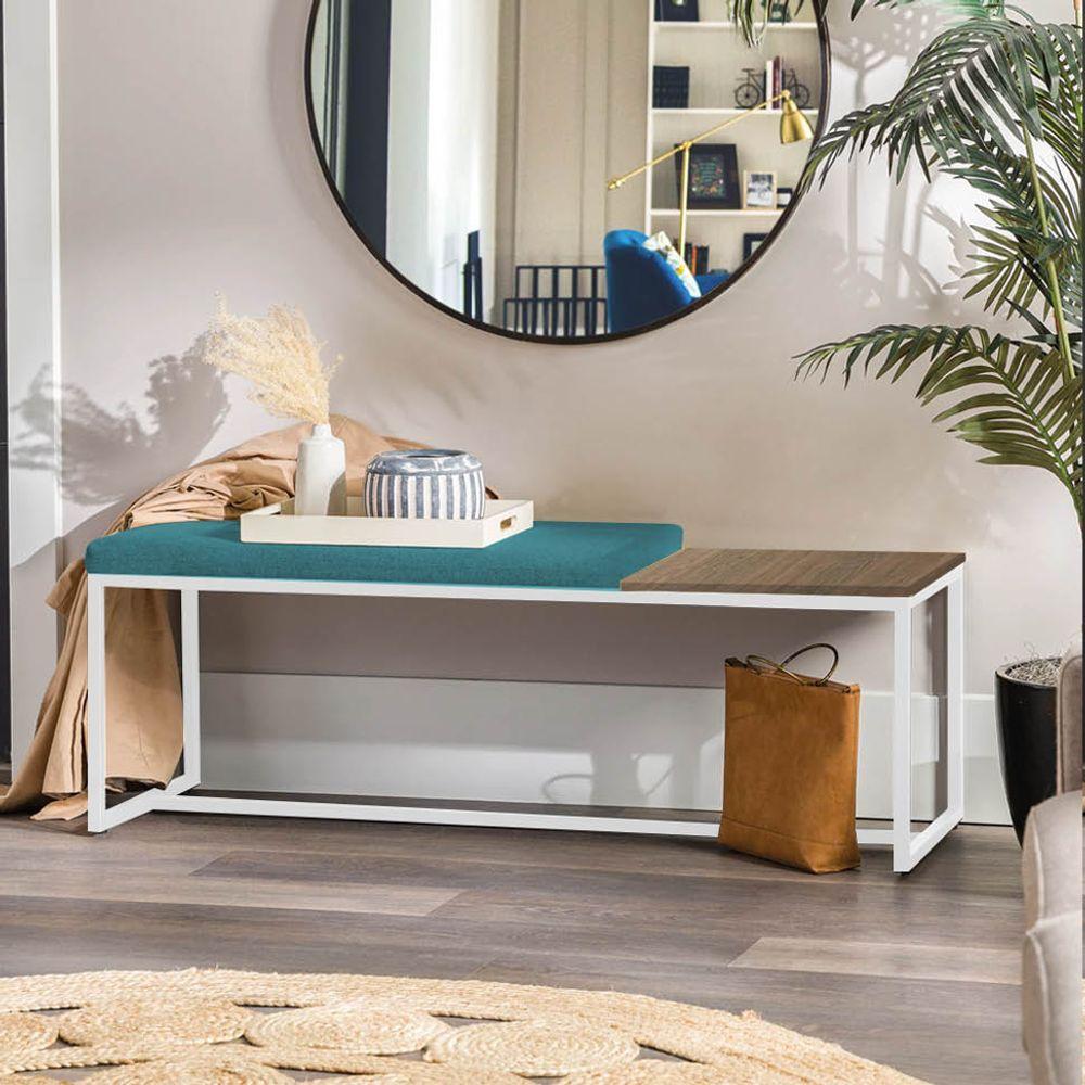 Miniatura Banco Recamier Puff 140cm Industrial Branco Suede Azul Turquesa Tampo Quadrado Marmorizado