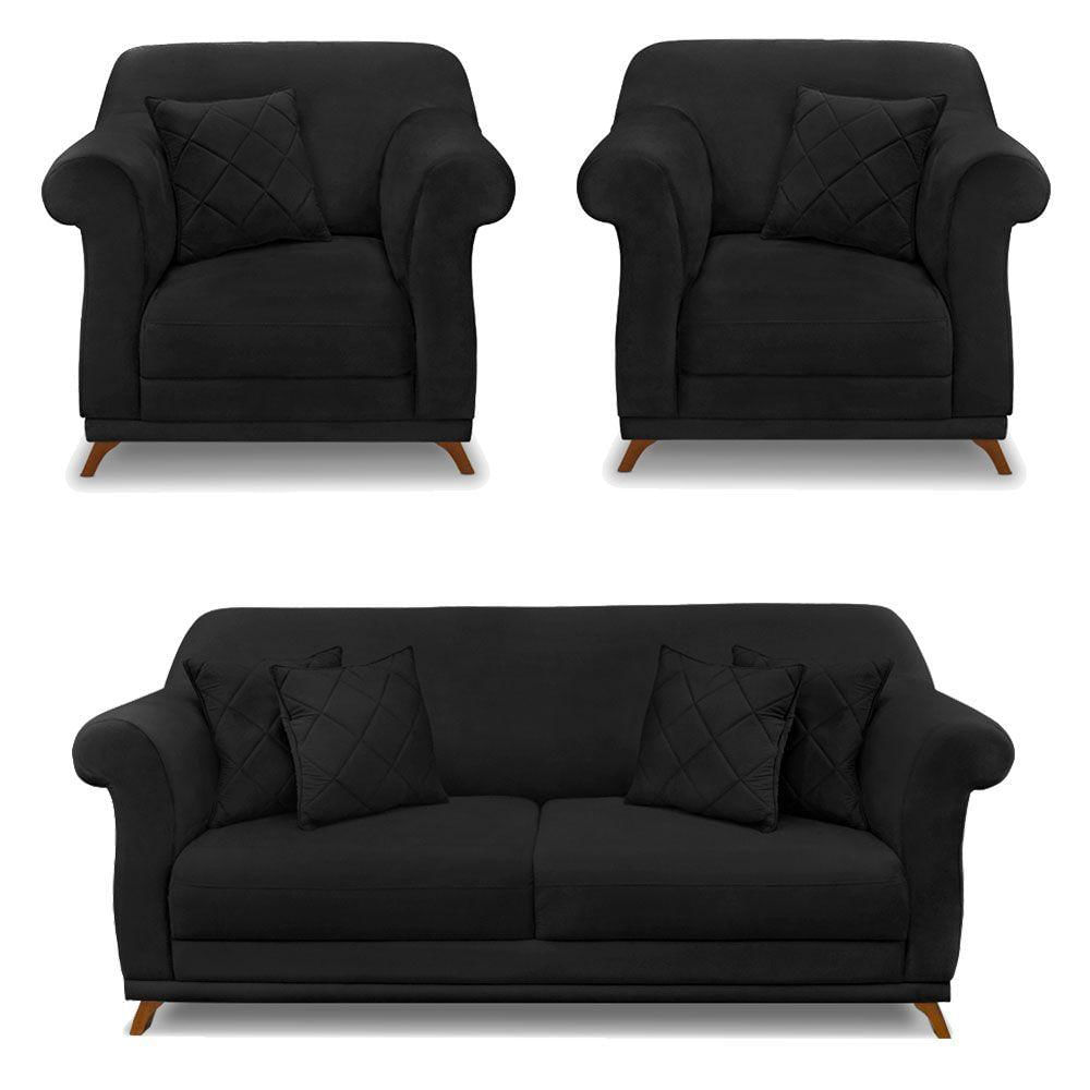 Miniatura Kit 2 Poltronas E Sofá 2 Lugares 1,80m Preto Pés Castanho
