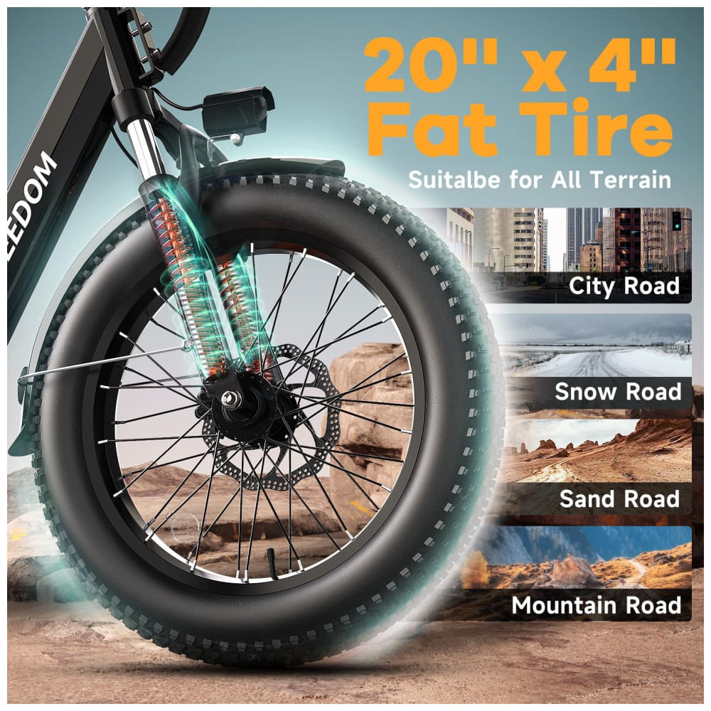 Miniatura Bicicleta Elétrica EUY para Adultos com Motor de Pico de 1500W, Bateria Removível de 48V 20Ah, Ebike Rápida, Máx. 112Km, 48km/h, Pneu Gordo de 20x4.0,