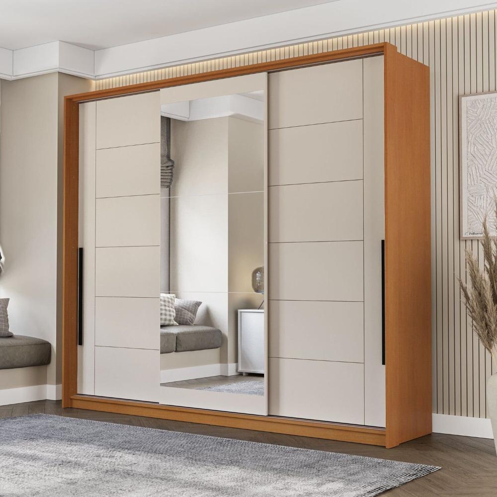 Miniatura Guarda Roupa 3 Portas de Correr 4 Gavetas com Espelho Lisboa Freijo/Creme