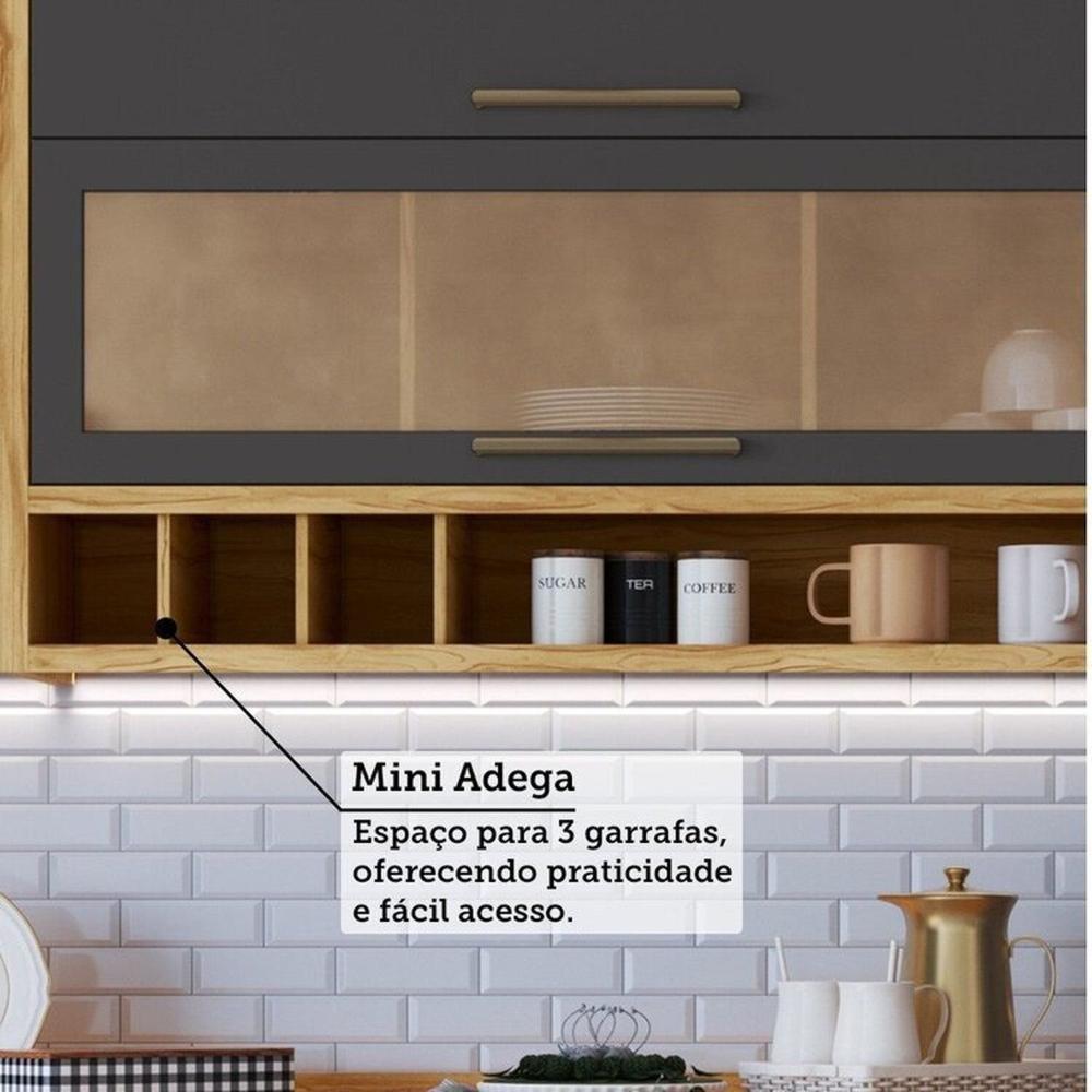 Cozinha Modulada Completa 5 Peças 8 Portas e Vidro Reflecta 280cm 100% MDF Vicenza Espresso Móveis Amêndoa/Chumbo