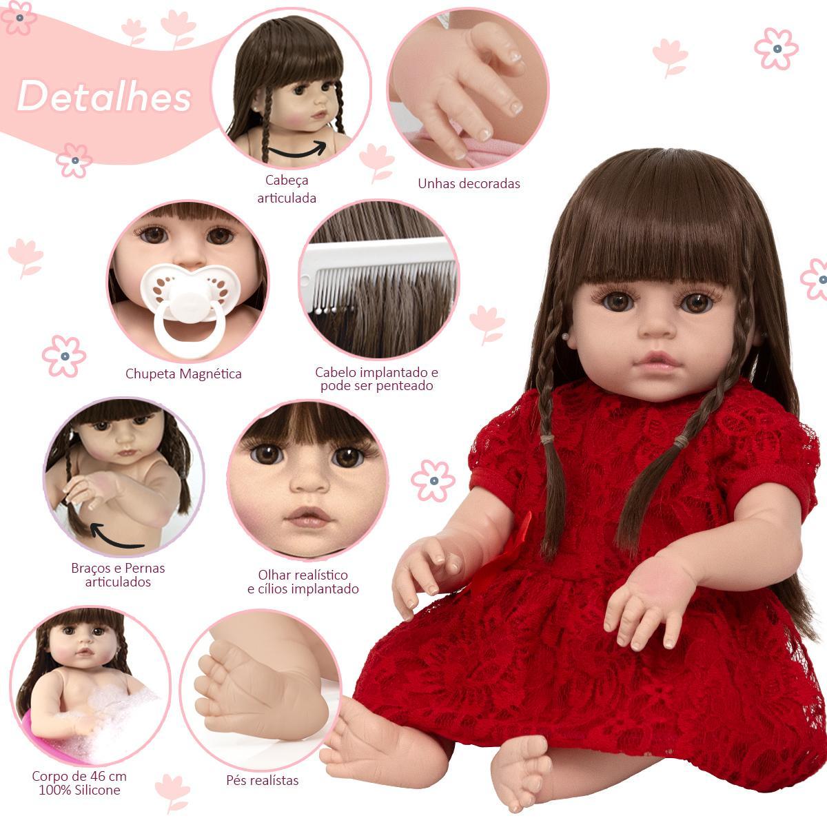 Miniatura Boneca Reborn Realista Cabelo Castanho Enxoval Bolsa Itens