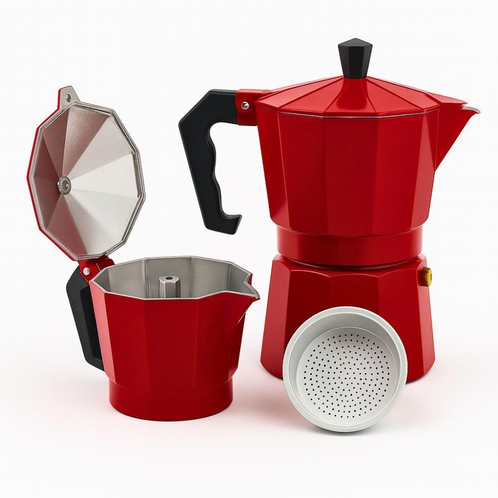 Miniatura Cafeteira Italiana Moka em Alumínio 300ML para 6 Xícaras Vermelha, Ideal para Café Expresso em Casa