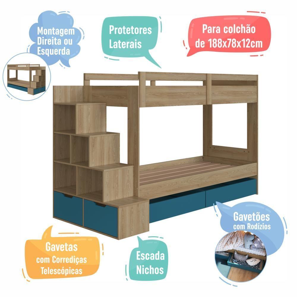 Miniatura Cama Beliche Infantil Bicama Menino Menina 2,32m Com Escada, Nichos E Gavetas Com Rodas Aveiro Com Azul