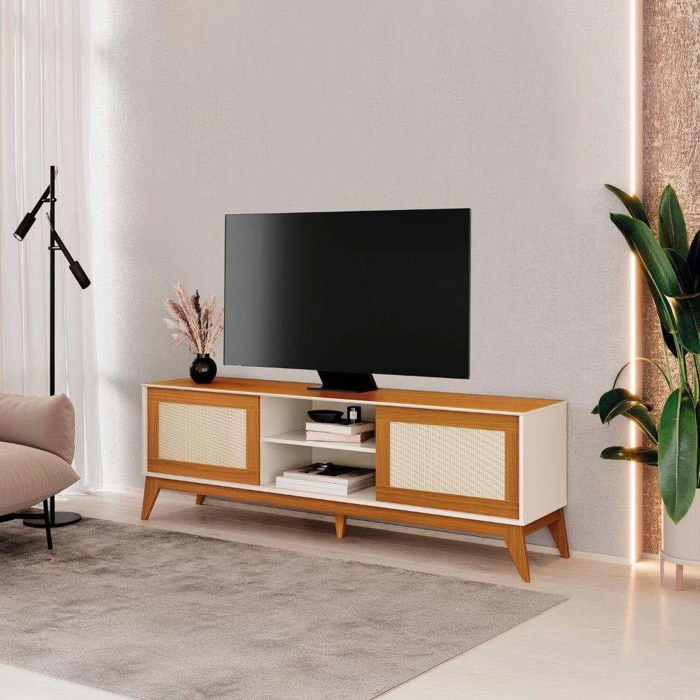 Miniatura Rack 100% MDF para Tv 75 Polegadas com Portas em Tela Rattan Andros Rack para Tv 75 Polegadas com Portas em Tela Rattan Andros Off White