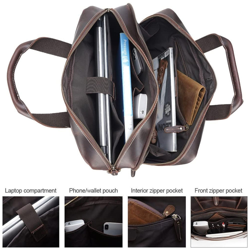 Miniatura Bolsa Carteiro Masculina de Couro Bovino para Laptop com 17 Polegadas, TIDING, Marrom 110v