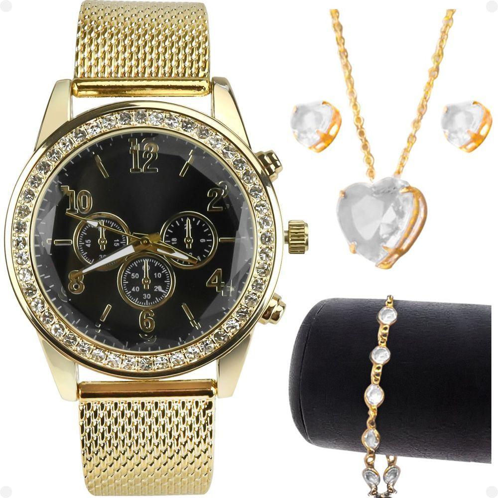 Miniatura Relogio Feminino Strass Dourado + Pulseira + Brincos + Colar