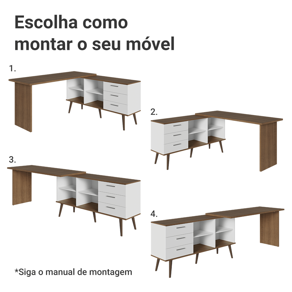 Mesa de Escritório em L 3 Gavetas Branco/Rustic Lisboa Madesa XA Cor:Branco/Rustic