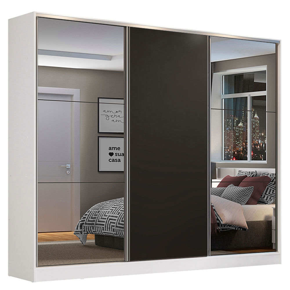 Miniatura Guarda Roupa Casal 100% MDF Madesa Zurique 3 Portas de Correr com Espelhos Branco/Preto Cor:Branco/Preto