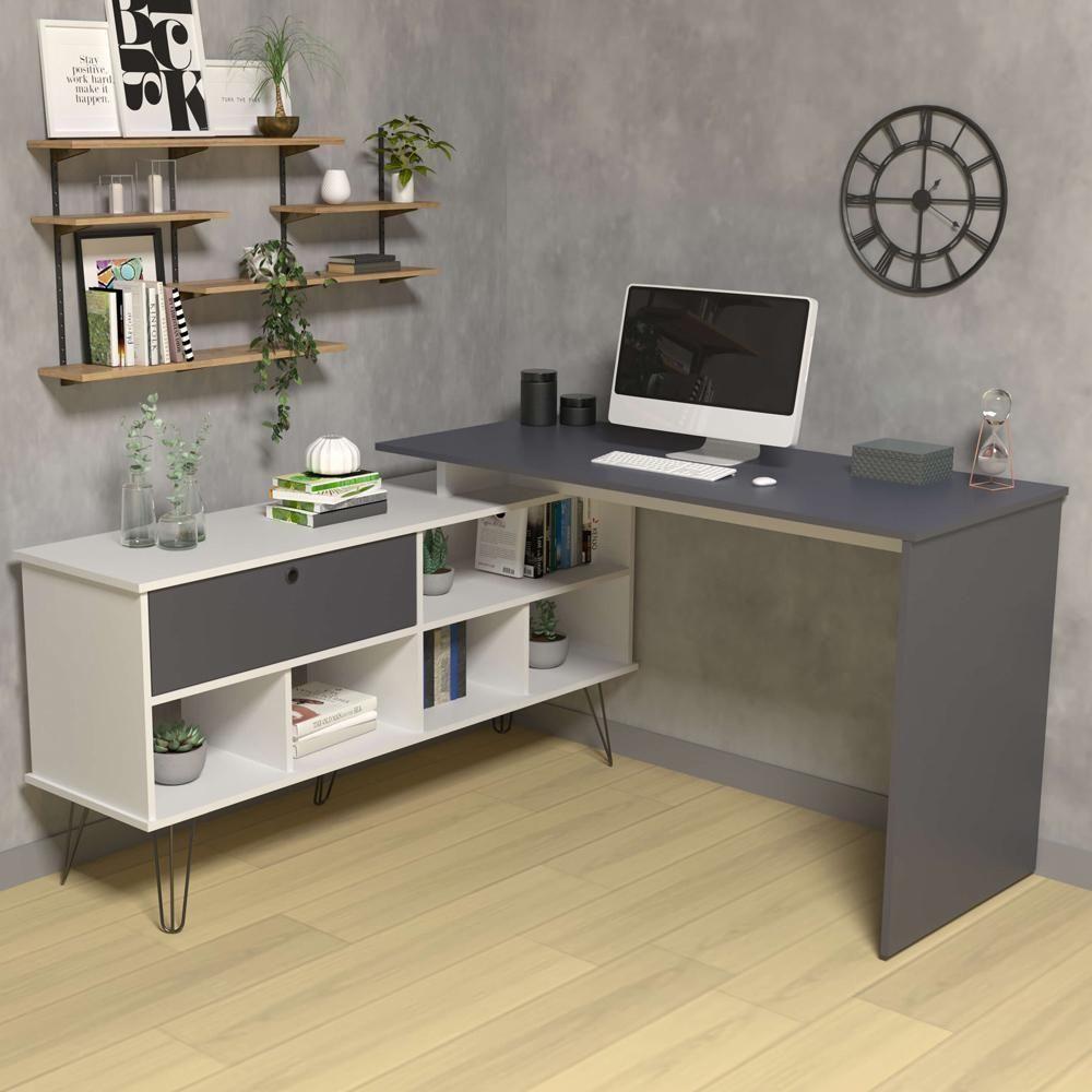 Miniatura Mesa Para Escritório Escrivaninha Em L Home Office Kalil A02 Branco Grafito - Lyam Decor