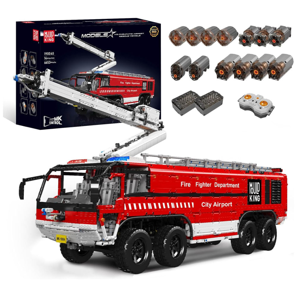 Miniatura Kit de Construção Veículo Resgate de Aeroporto com 6653 Peças e Controle Remoto para Crianças e Adultos, Mould King, Verm...