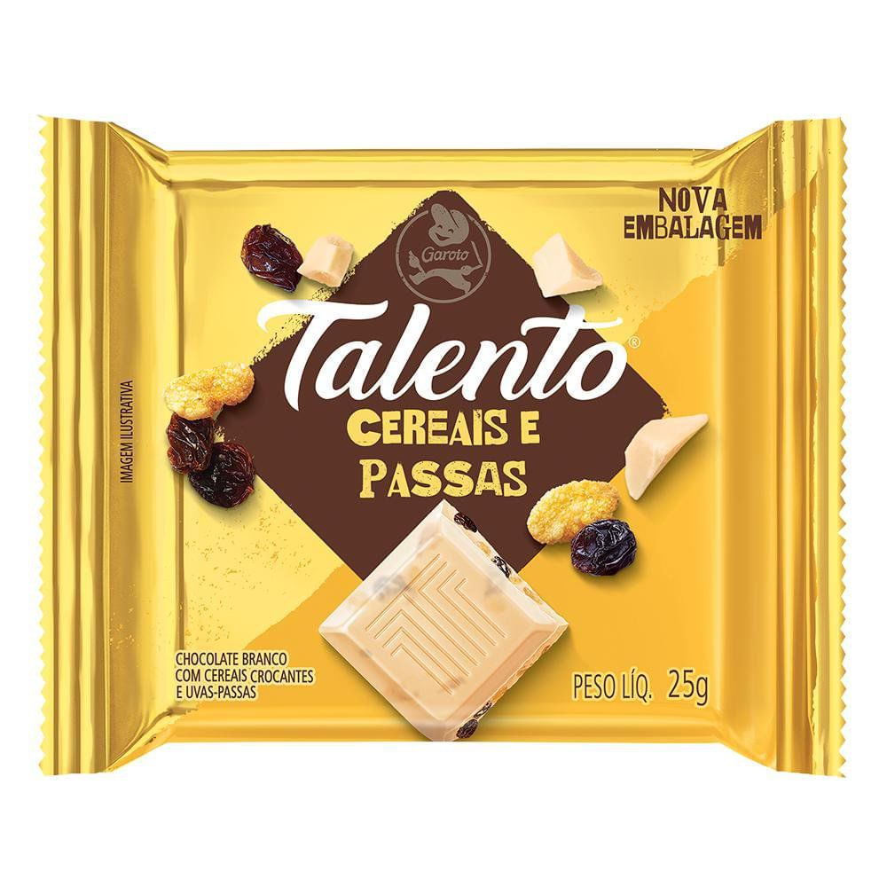 Miniatura Chocolate Branco Garoto Talento Cereais e Uvas Passas com 25g
