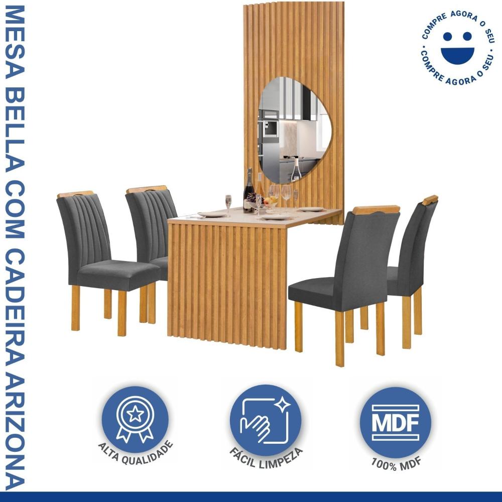 Conjunto Mesa Bella Ripada 120cm com Painel Espelhado Tampo Bella com Vidro 4 Cadeiras Arizona Cinamomo/Off White/Boucle Cinza