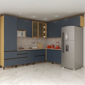 Miniatura Cozinha Completa de Canto Bartira Cristal com 12 Portas, 9 Gavetas, 15 Prateleiras, 3 Nichos e 300cm de Largura - Lâmina Mel/Azul Royal