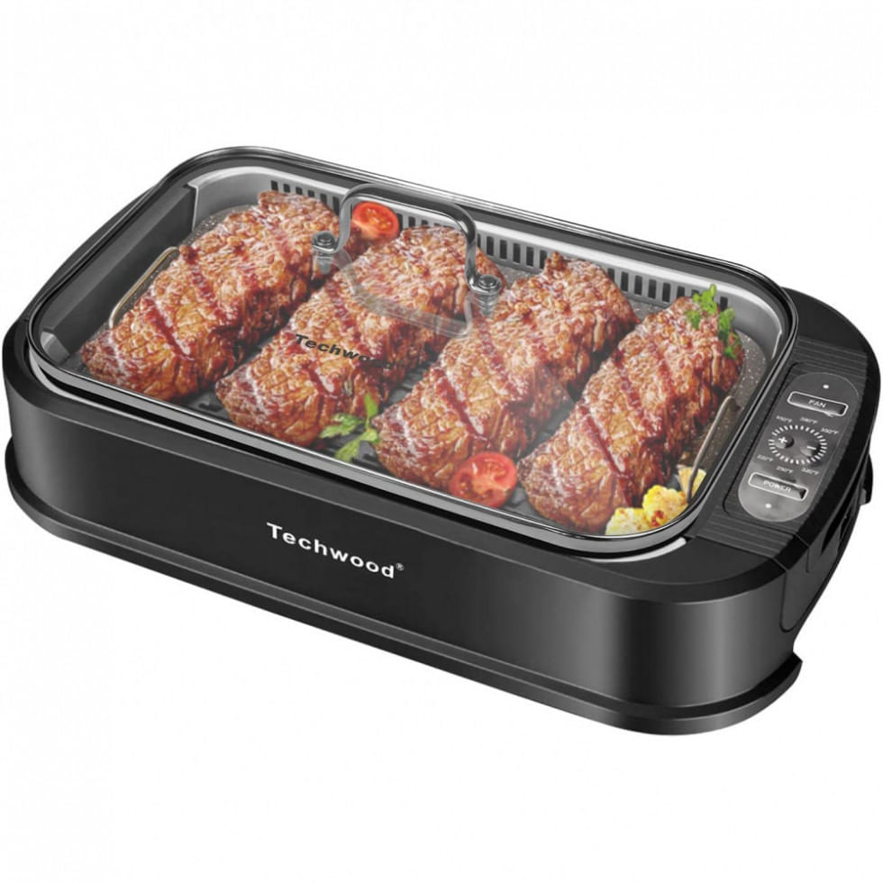 Miniatura Churrasqueira Grill Elétrica com Tampa de Vidro Temperado e Placa Antiaderente, 110V 1500W, Techwood, Preta