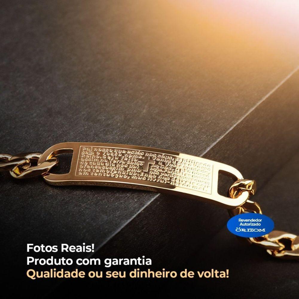 Pulseira Masculina Oração Pai Nosso Aço Banhada Ouro Original Catolica Moda Masculina Social Casual