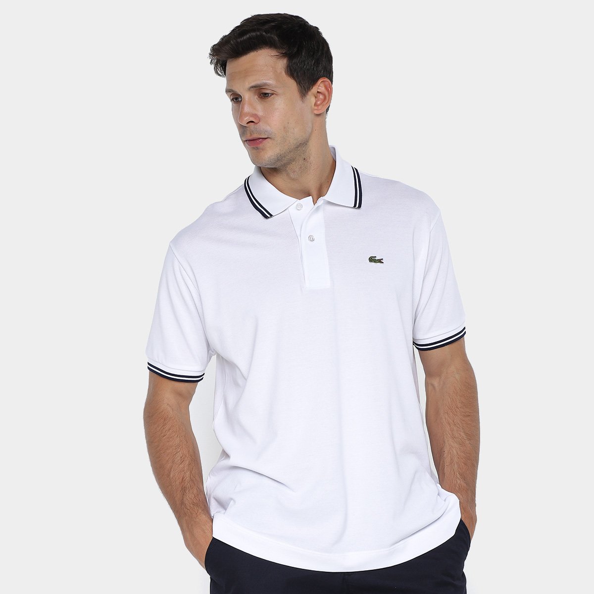 Miniatura Camisa Polo Lacoste Casual Masculina Branco+Marinho - EGG
