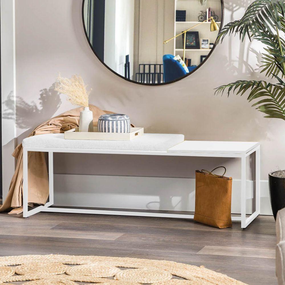 Miniatura Banco Recamier Puff 160cm Industrial Branco Sintético Branco Tampo Quadrado Mdf Branco