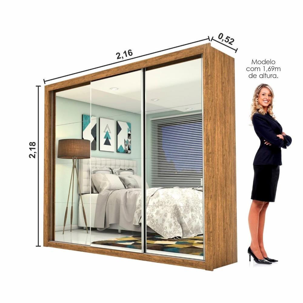 Miniatura Guarda Roupa Casal com Espelho 3 Portas de Correr Ilheus Premium Cinamomo-Branco