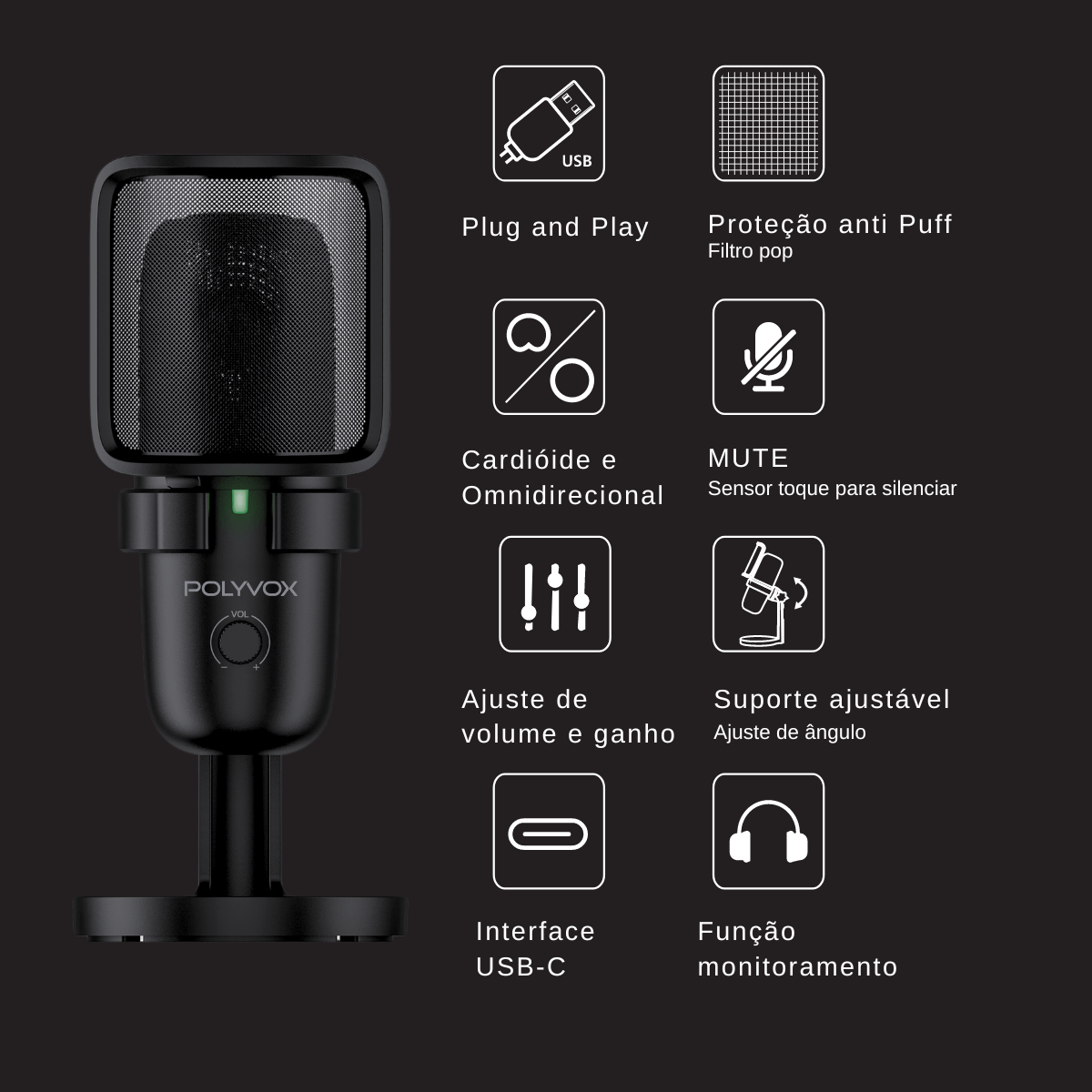 Miniatura Microfone XP-500 Polyvox Usb Estudio Gravação Profissional