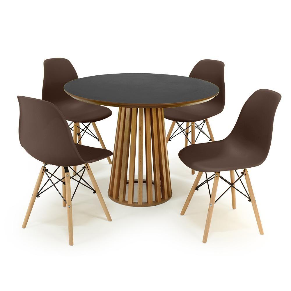 Miniatura Conjunto Mesa De Jantar Redonda Luana Amadeirada Preta 100cm Com 4 Cadeiras Eames Eiffel - Marrom