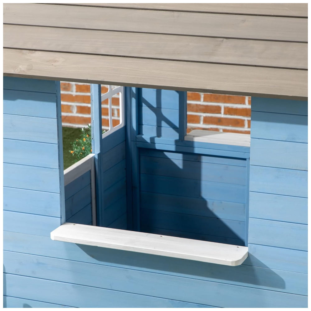 Casinha Infantil de Madeira para Área Externa Estilo Country com Porta, Janelas, Posto de Serviço e Vasos de Flores para Crianças de 3 a 7 Anos, 110v