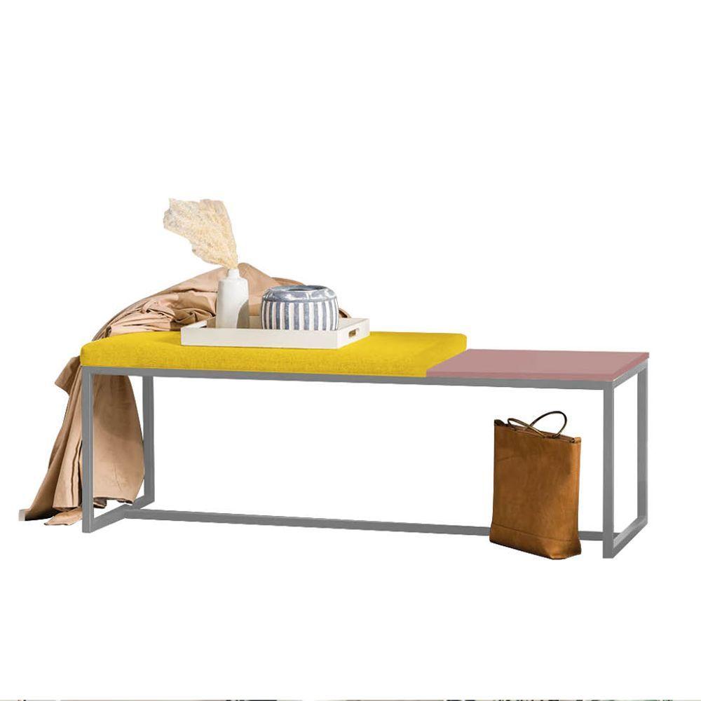Miniatura Banco Recamier Puff 160cm Industrial Cinza Suede Amarelo Tampo Quadrado Mdf Rose