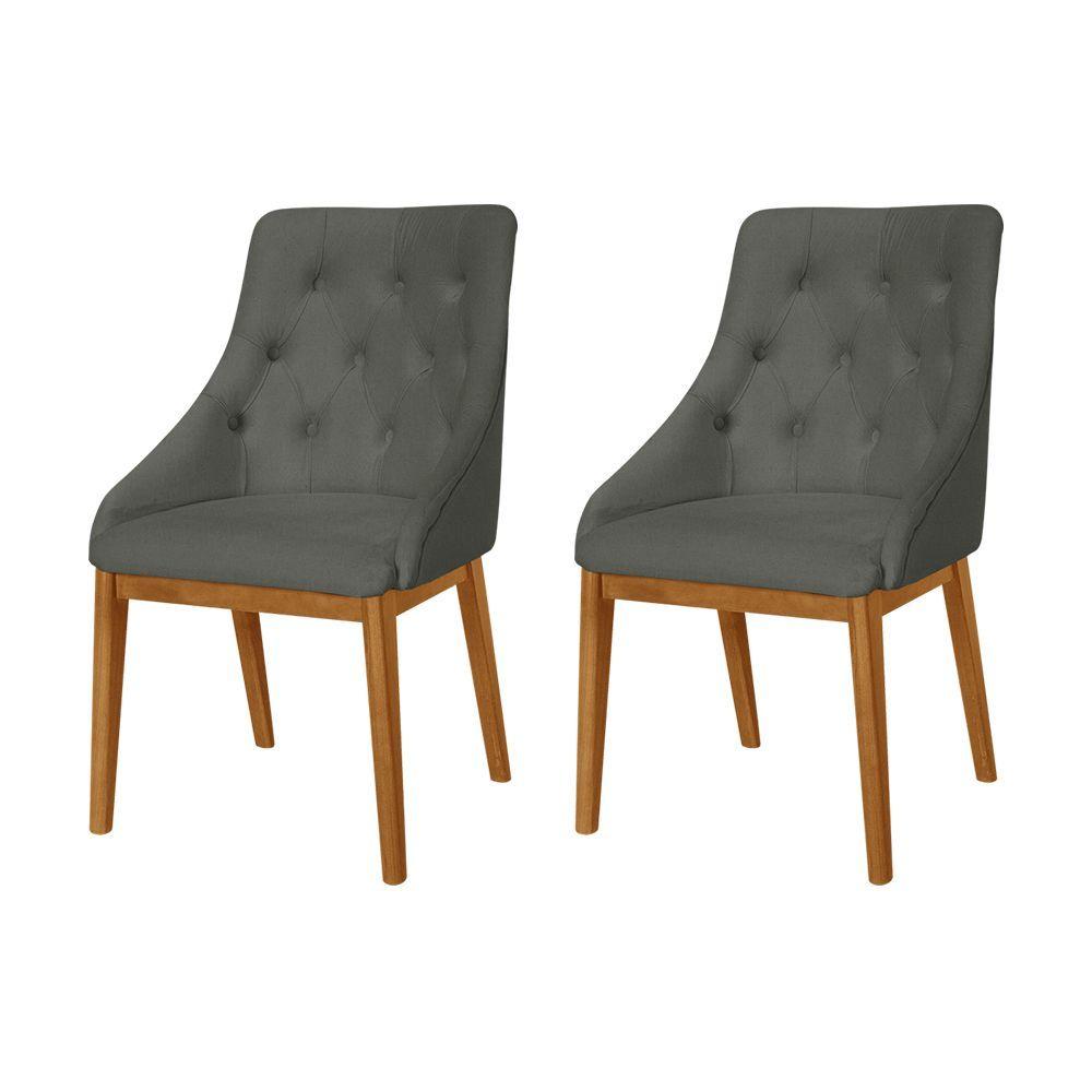 Miniatura Kit 2 Cadeiras De Jantar Estofada Capitonê Linho Chumbo Base Madeira Maciça Mel Cinza
