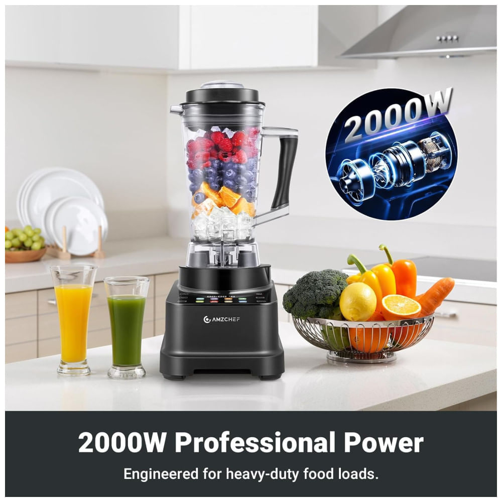 Miniatura Liquidificador Profissional 8 em 1, 2L com Painel LED, Temporizador, 8 Velocidades e Pulso, 110V 2000W, Amzchef, Preto