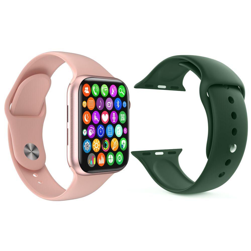 Miniatura Kit 1 Smartwatch Iwo 8 Rosa + 1 Pulseira Extra Verde Escuro