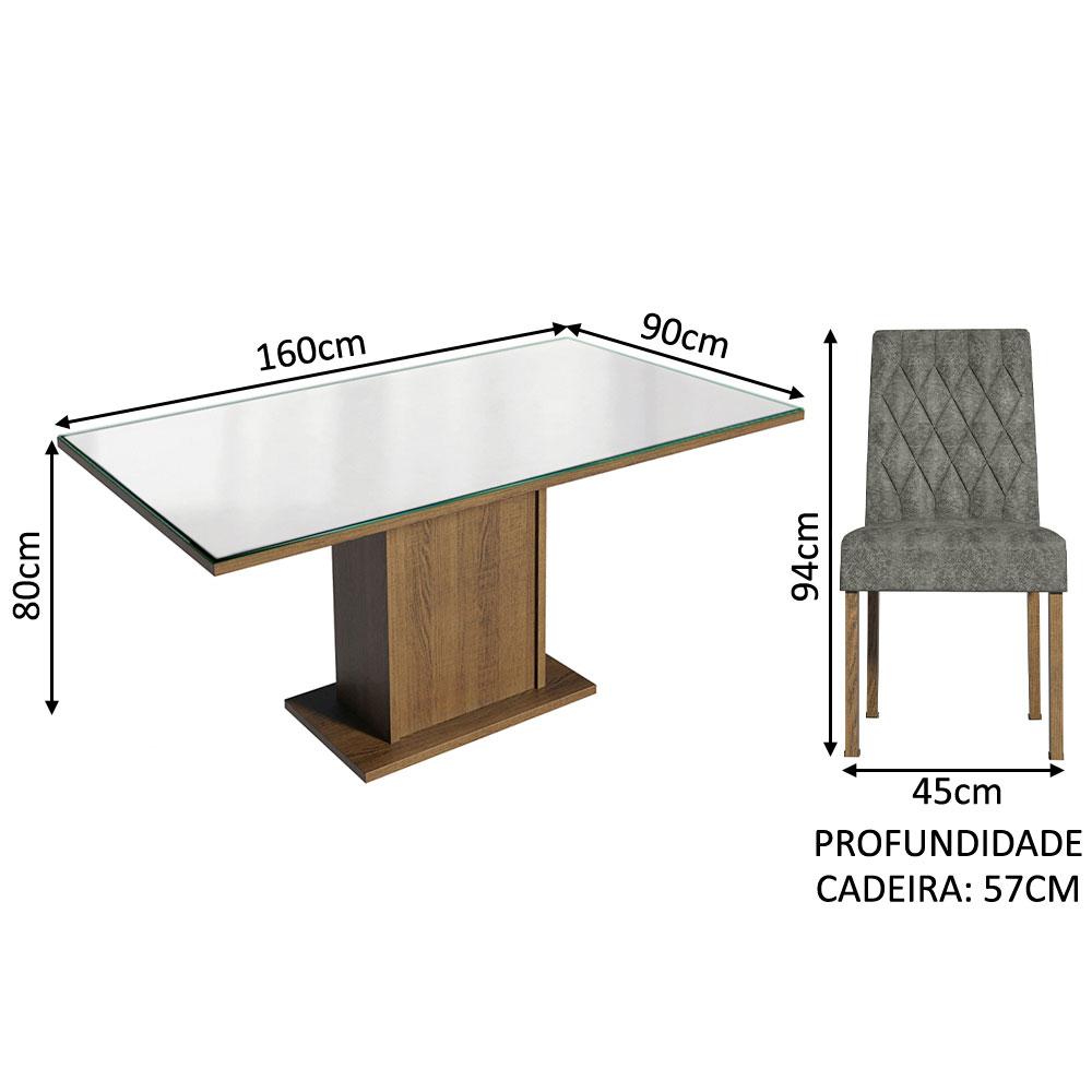 Conjunto Sala de Jantar Mesa Tampo de Vidro 6 Cadeiras Geórgia Madesa Rustic/Branco/Silver