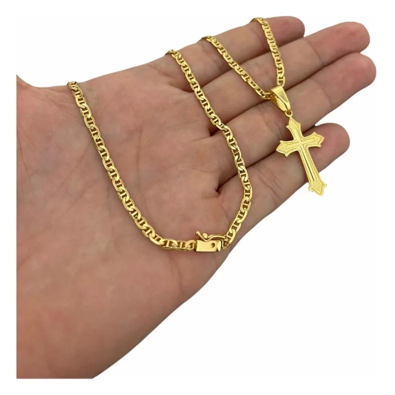 Miniatura Cordão Piastrine 3Mm + Pingente Cruz Banhado A Ouro 18K Luxo