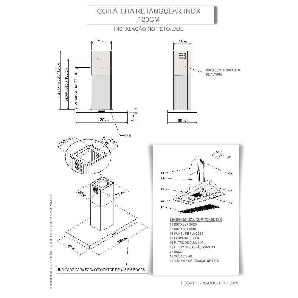 Miniatura Coifa Retangular Ilha 120cm Fogatti Inox 110v