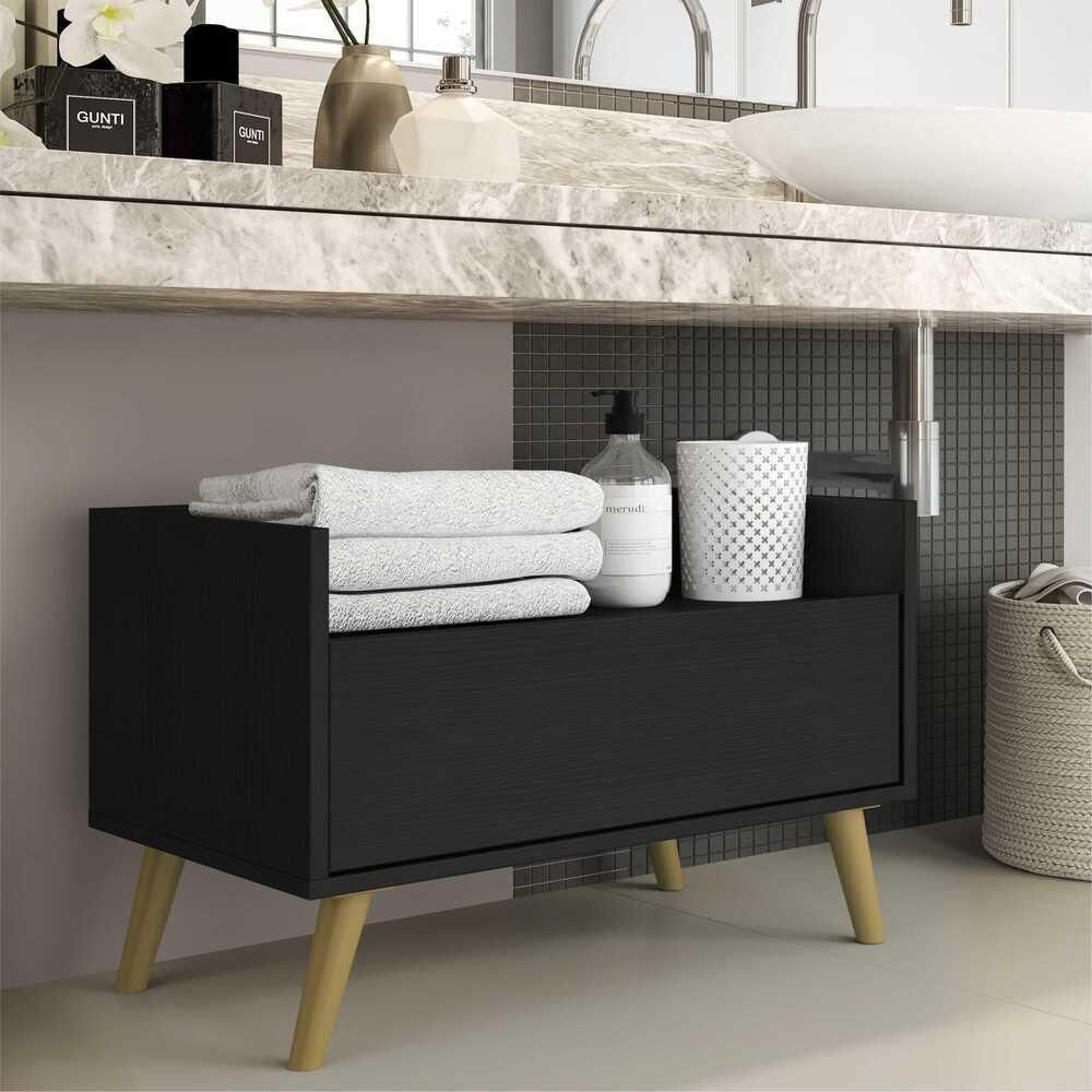 Gabinete Armário Banheiro 60 Cm com Pés Retrô Preto Natural