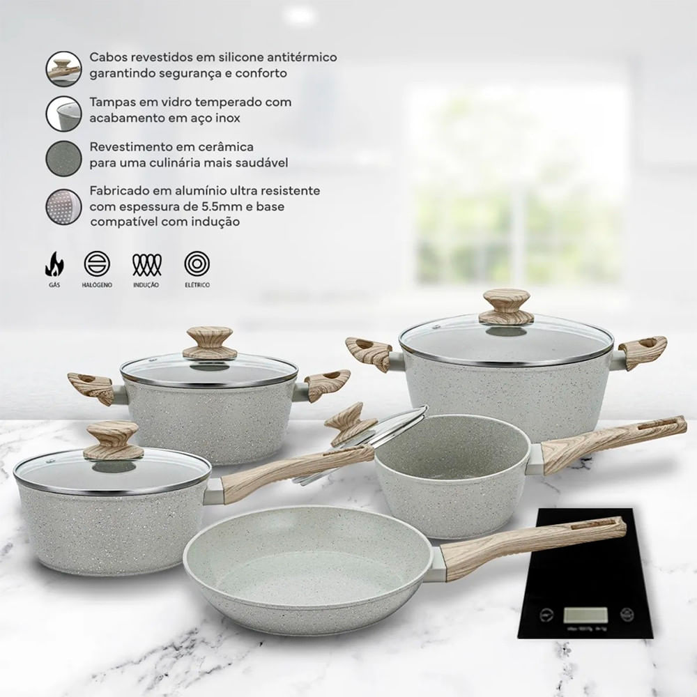 Miniatura Jogo de Panelas Com 6 Peças Neuhaus Marble Life Cerâmico Antiaderente + Balança Digital - Vanilla Branco - 3 meses - Marble Life - 6 Peças - 6 - Garantia do Fabricante