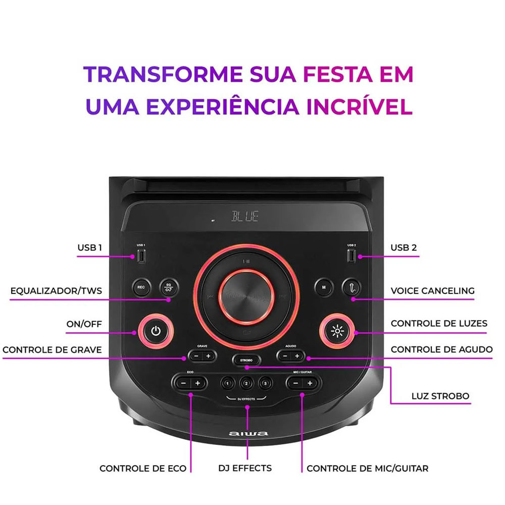 Miniatura Caixa De Som Aiwa Torre Bluetooth 1600w AWS-T1W-02