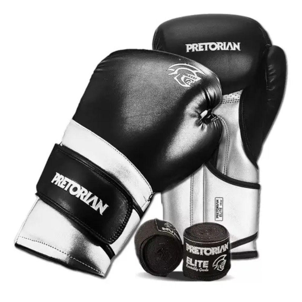 Miniatura Kit Luvaboxe Muay Thai Elite + Bandagem, Preto/ Prata, 12 Oz