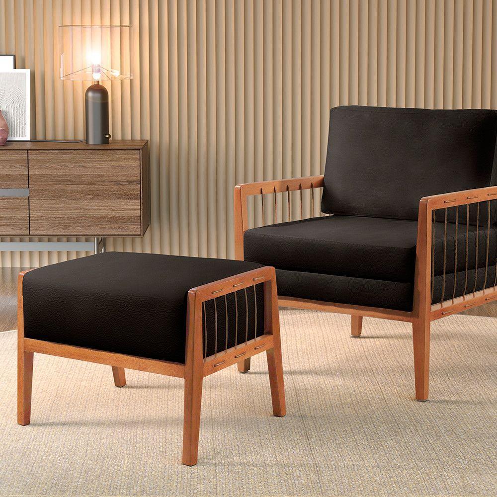 Miniatura Puff Banqueta Corino Gael Luxo Madeira Maciça Castellar Móbile Preto