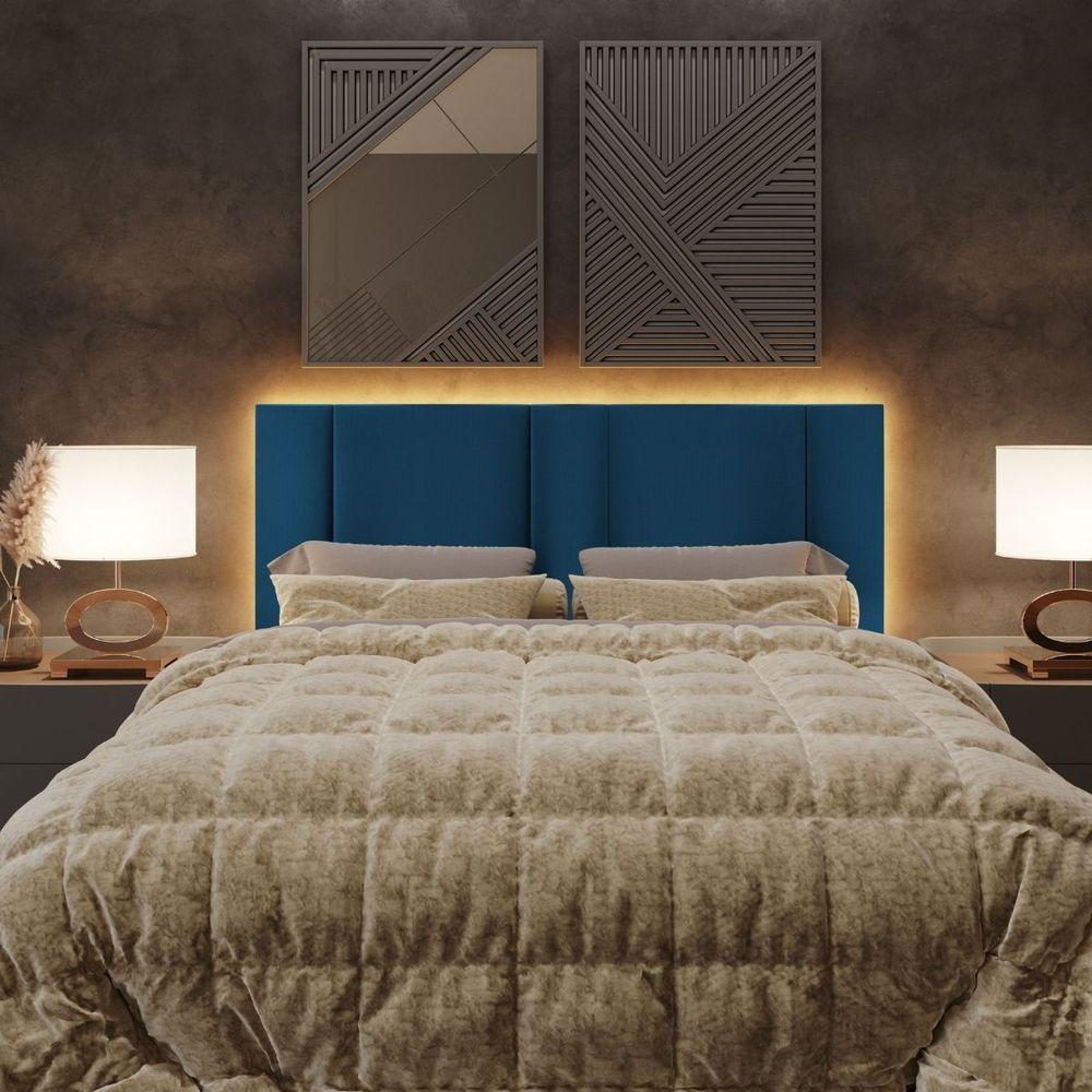 Cabeceira Estofada Cama Casal Queen Size Led Star 160 Cm Bivolt veludo Azul Marinho