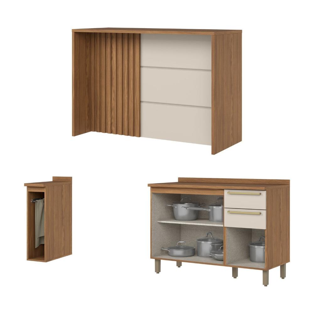 Miniatura Kit Ilha Gourmet Balcão 2 Gavetas com Tampo Yasmin Espresso Móveis Nature/Areia