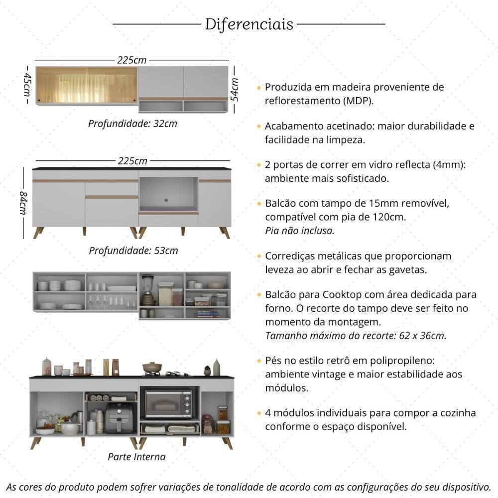 Miniatura Armário De Cozinha Modulada Compacta 225cm Com Balcão Para Cooktop Veneza Multimóveis Mp2263 Branco/dourado