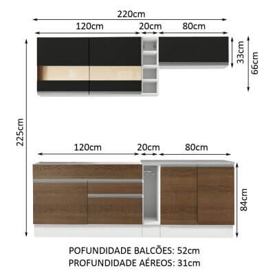 Cozinha Completa Madesa Parma com Armário e Balcão (Sem tampo e Pia) Branco/Rustic/Preto Cor:Branco/Rustic/Preto