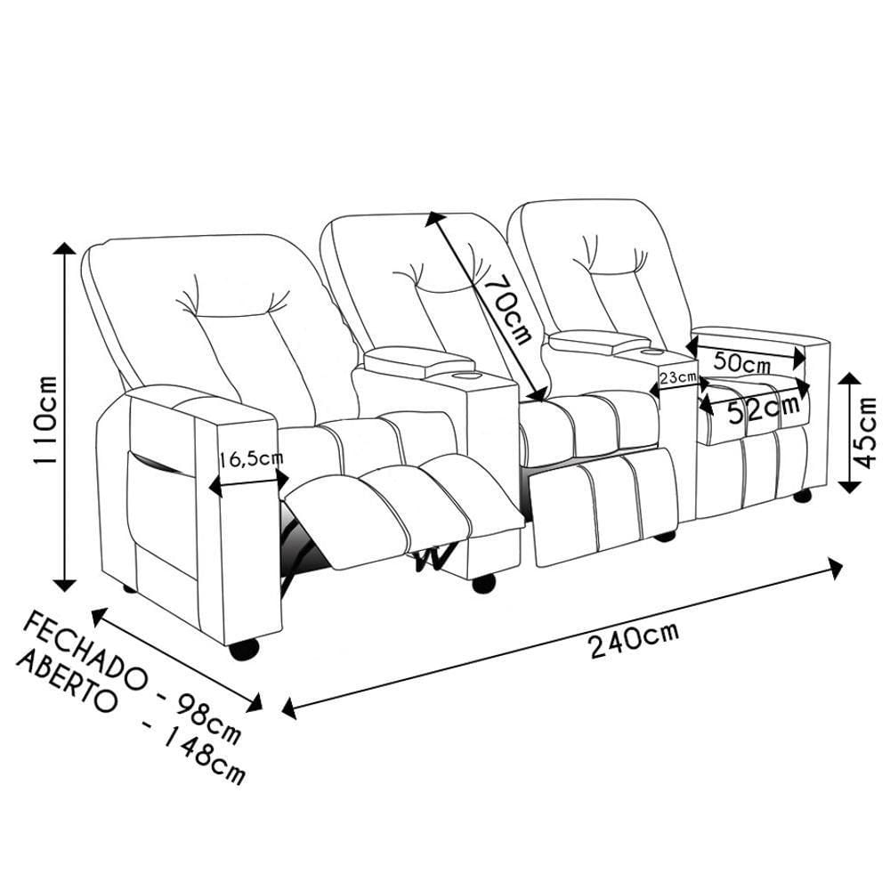 Poltrona Reclinável Para Cinema 3 Lugares Praddo Fh9 Veludo Terracota - Mpozenato