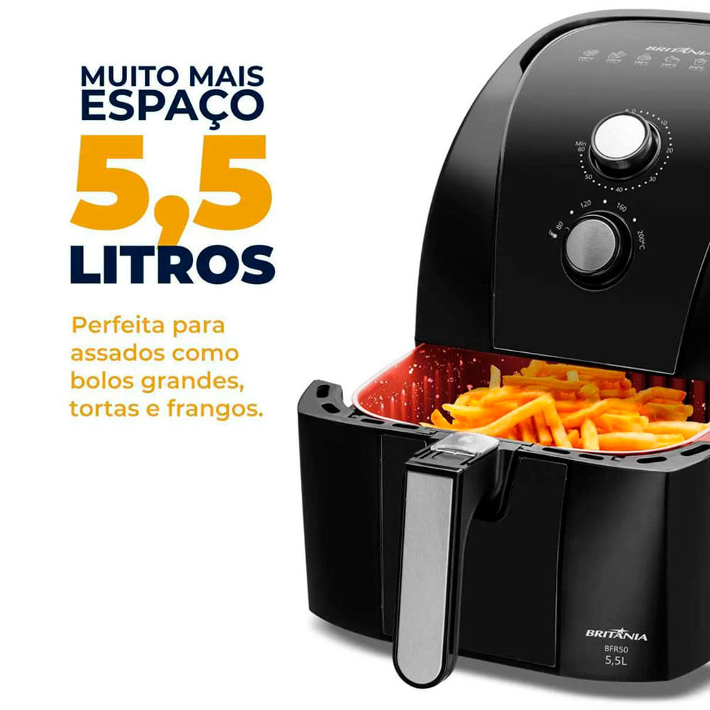 Fritadeira Elétrica Sem Óleo Air Fryer Britânia 5.5L 1500W BFR50 Redstone com Inox Preto - 110V