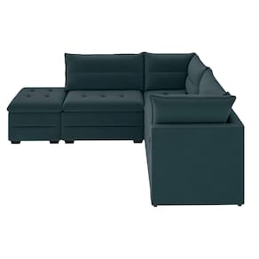 Sofá Modular de Canto 4 Lugares Luizzi Quebec com Pufe e Revestimento em Suede – 408cm de Largura Azul Petróleo